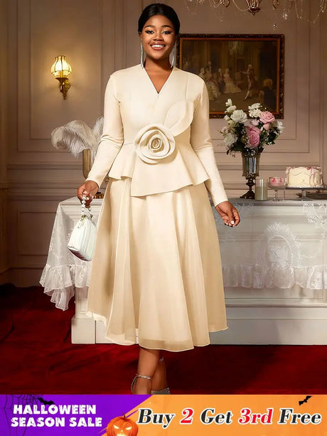 Elegant A Line Dress Peplum 3D Flower Patchwork Mesh Party Outfit Apricot / L