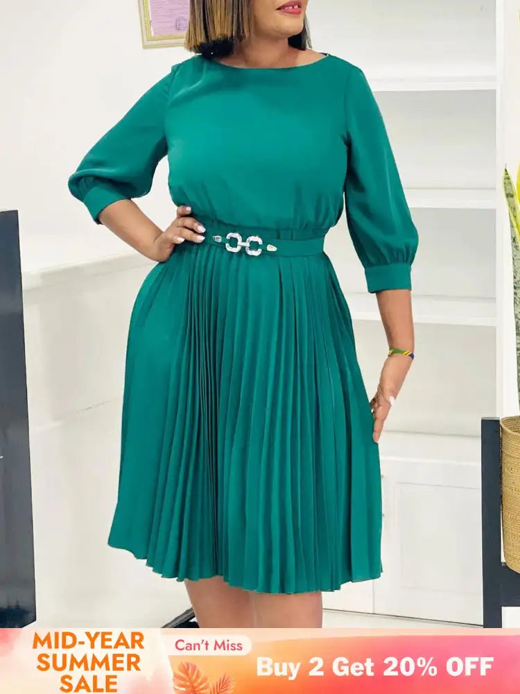 Elegant A Line Midi Pleated Dresses Women O Neck Three Quarter Sleeves Waist Belt
