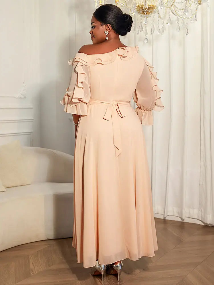 Elegant A Line Off-shoulder Chiffon Pleated Dress Ruffles 3D Flowers