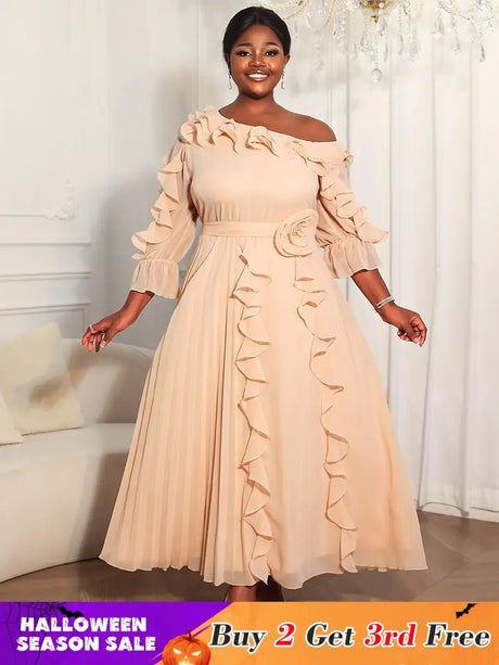 Elegant A Line Off-shoulder Chiffon Pleated Dress Ruffles 3D Flowers AP / L