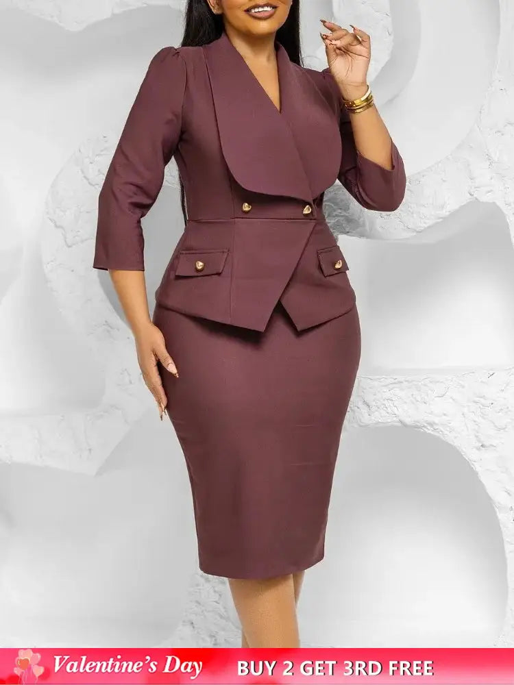 Elegant African Women Church Dresses Lapel Collar Three Quarter Sleeve
