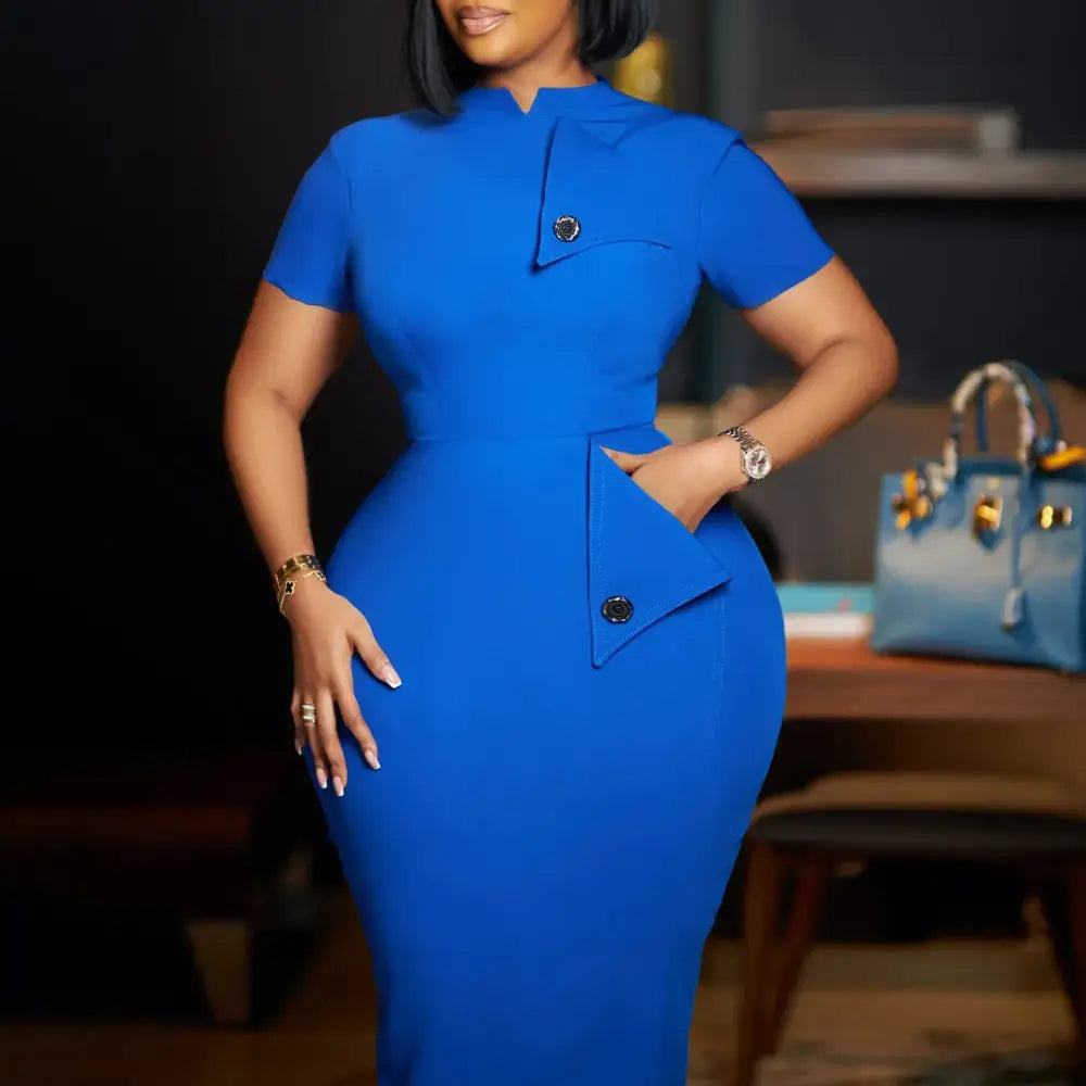 Elegant Church Dresses for Women Bodycon Short Sleeves Buttons Package Hip Blue / S