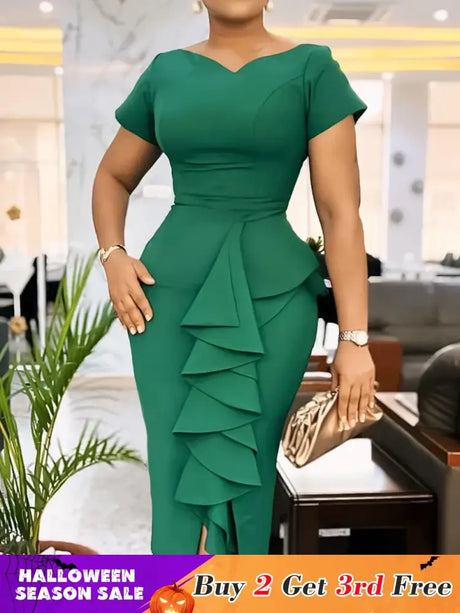 Elegant Church Dresses for Women Bodycon V Neck Ruffles Short Sleeves Green / S