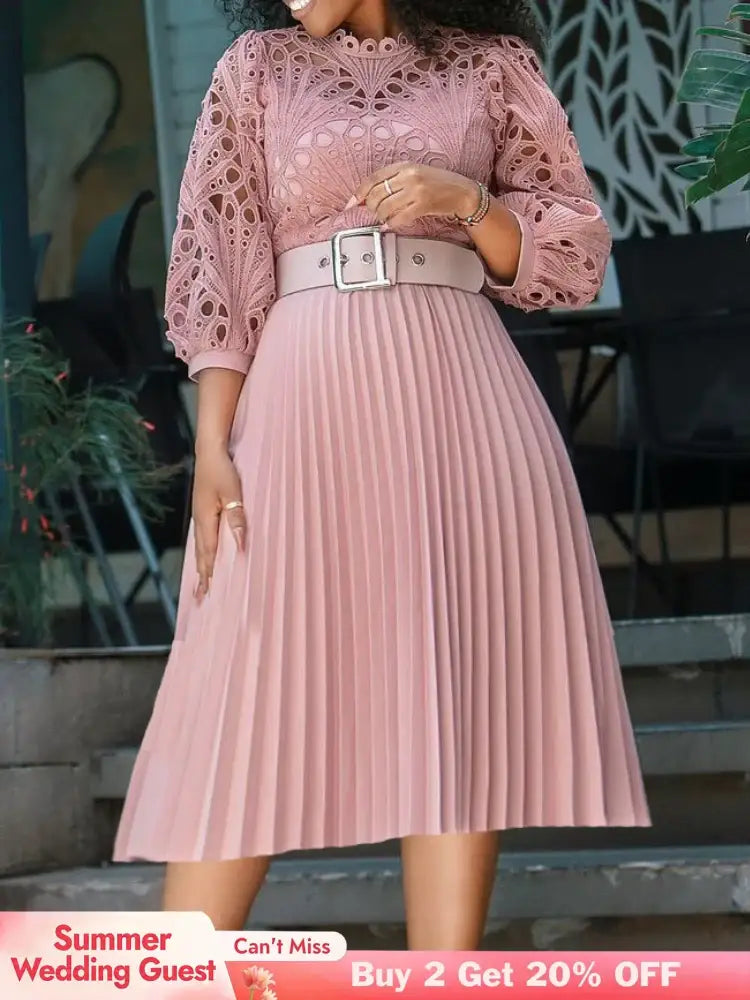Elegant Church Dresses for Women Lace Hollow Out Patchwork Pleated Female Gowns