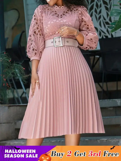 Elegant Church Dresses for Women Lace Hollow Out Patchwork Pleated Female Gowns