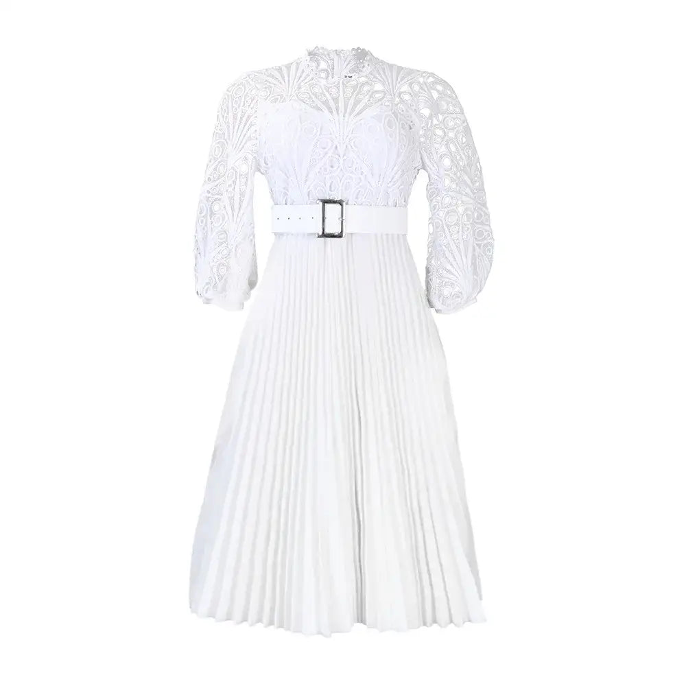 Elegant Church Dresses for Women Lace Hollow Out Patchwork Pleated Female Gowns WHITE / S