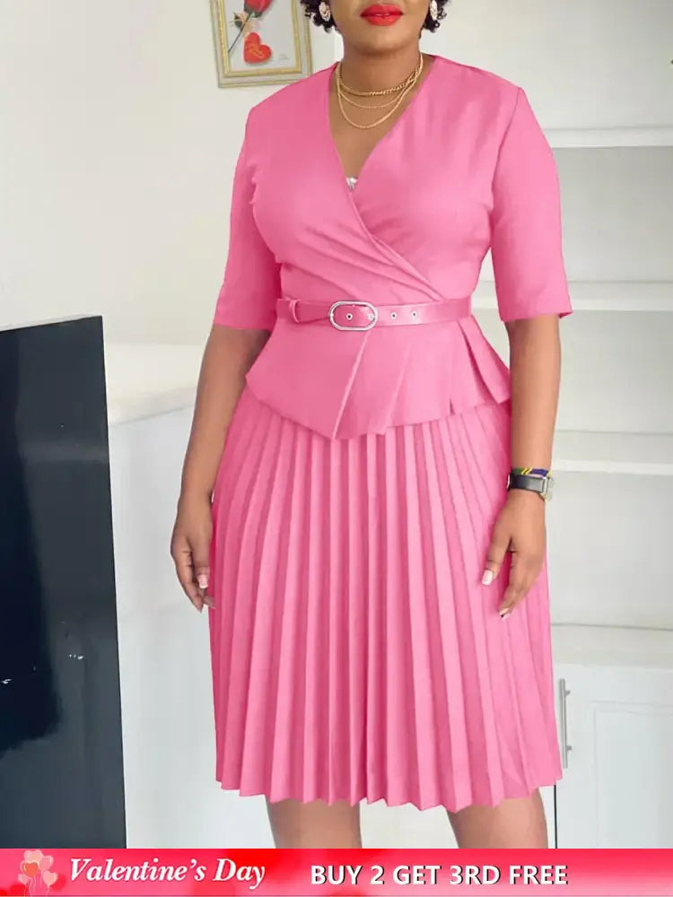 Elegant Church Dresses for Women V Neck Peplum Pleated Waist Belt