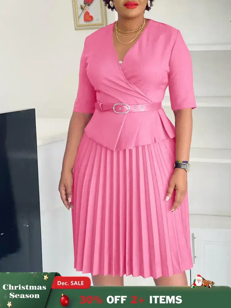 Elegant Church Dresses for Women V Neck Peplum Pleated Waist Belt