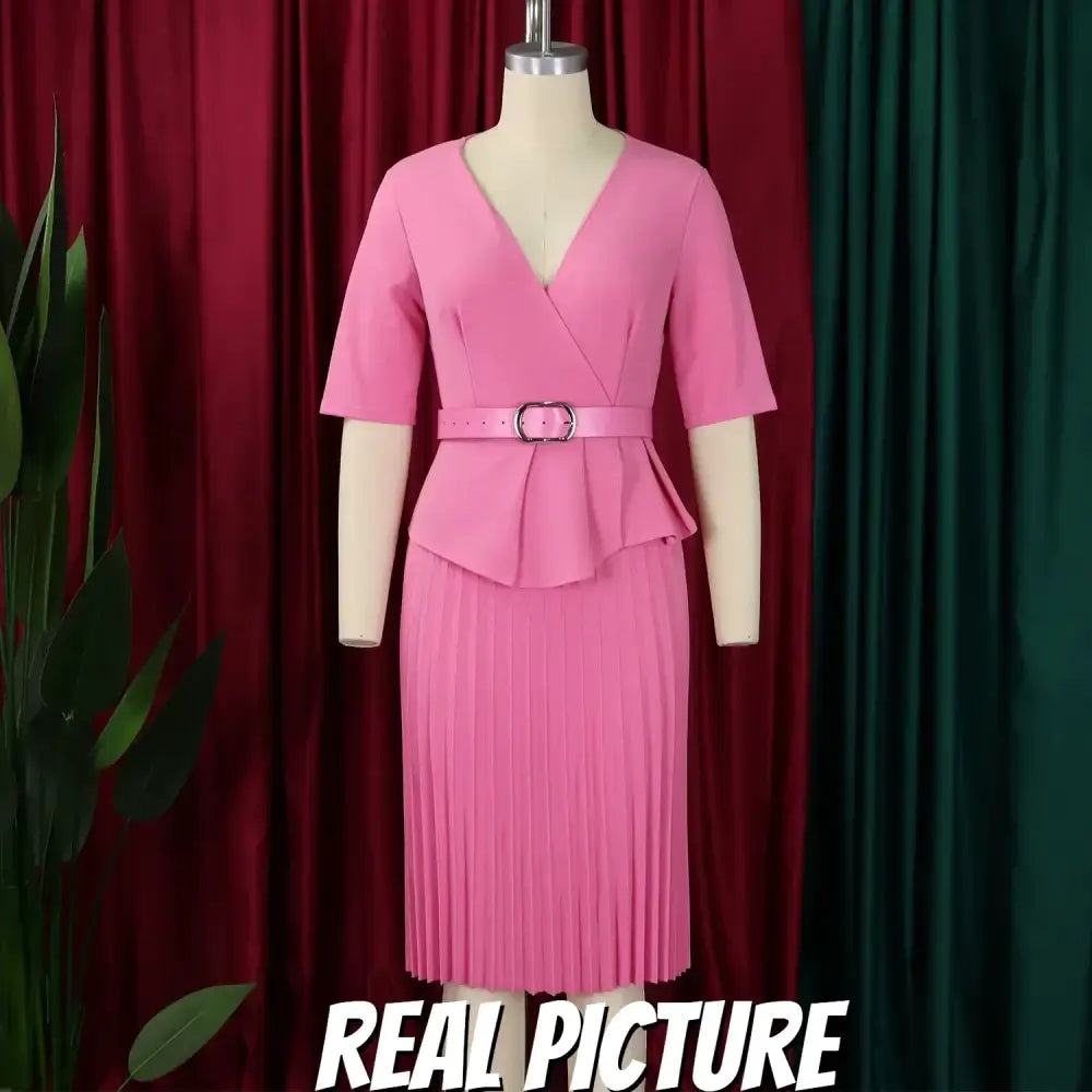 Elegant Church Dresses for Women V Neck Peplum Pleated Waist Belt