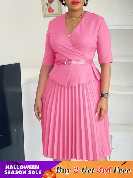 Elegant Church Dresses for Women V Neck Peplum Pleated Waist Belt