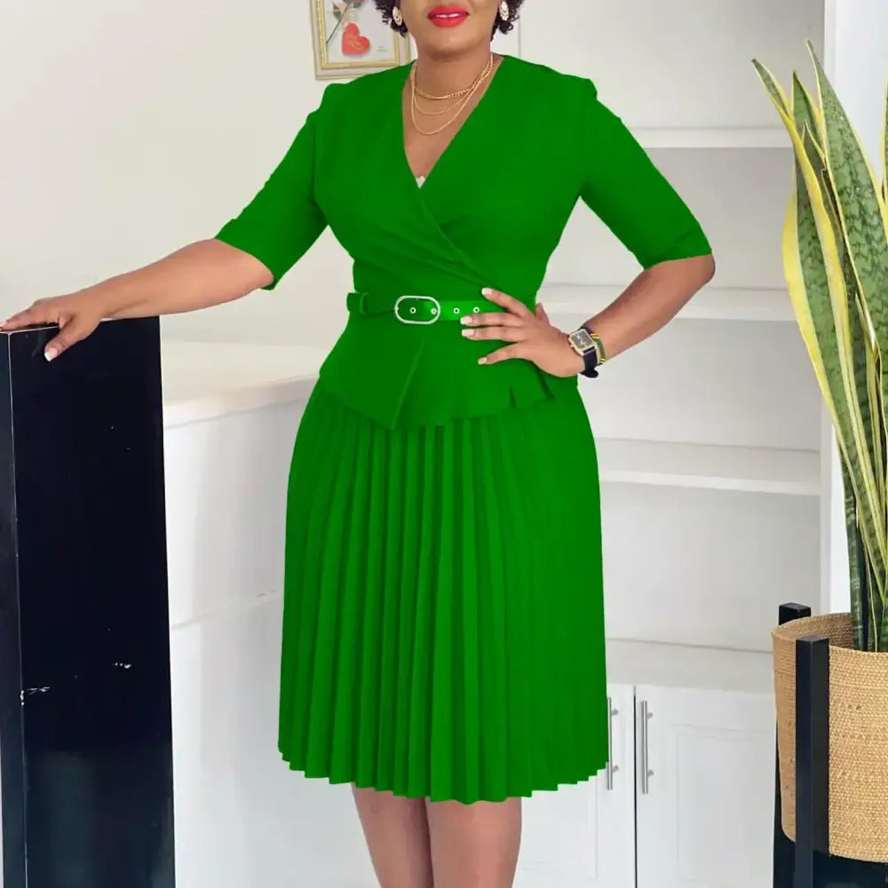 Elegant Church Dresses for Women V Neck Peplum Pleated Waist Belt Green / S