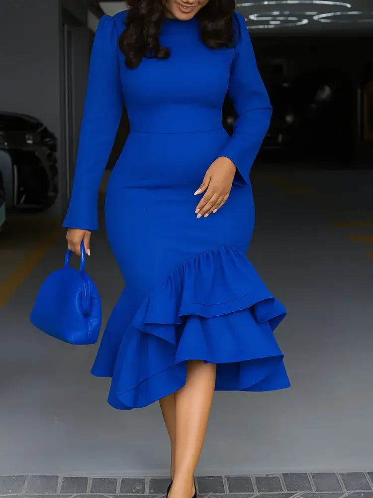 Elegant Church Dresses Long Sleeves Mermaid Ruffles for Women Office Ladies Work Business Party Blue / S