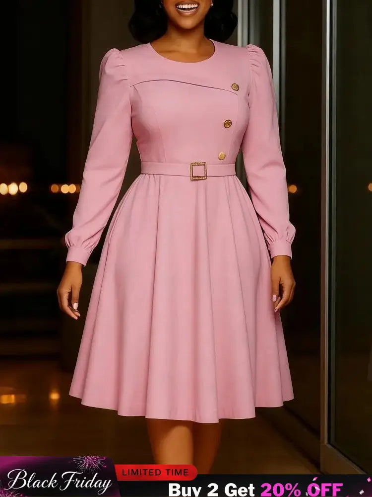 Elegant Church Women A Line Dresses O Neck Long Sleeve Waist Belt High Waist Pleated