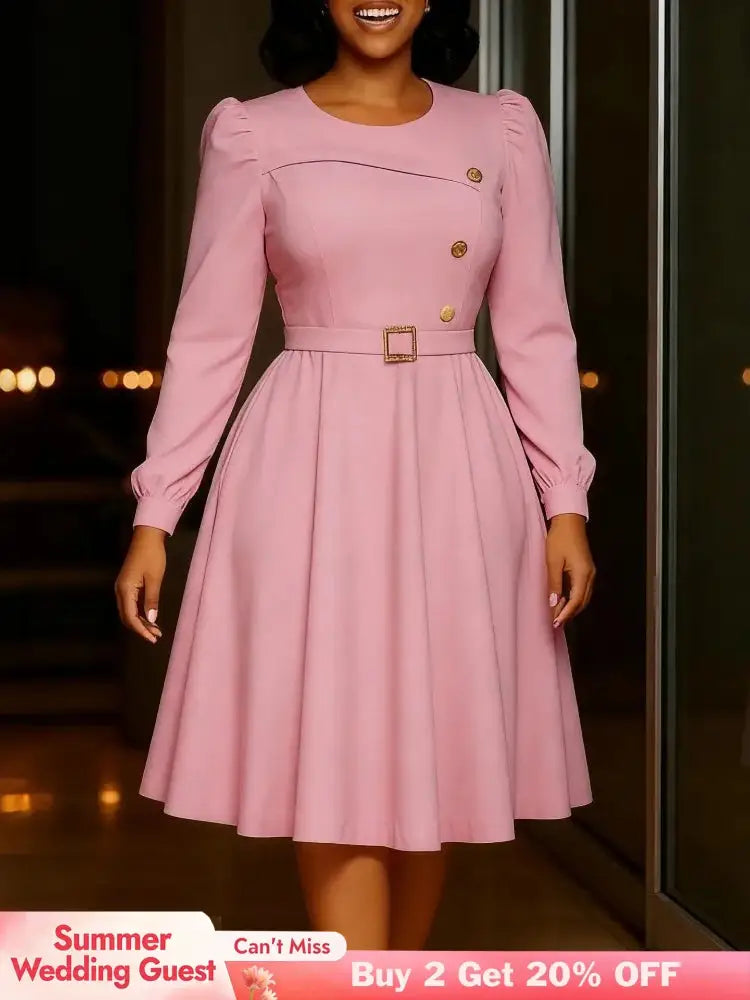 Elegant Church Women A Line Dresses O Neck Long Sleeve Waist Belt High Waist Pleated