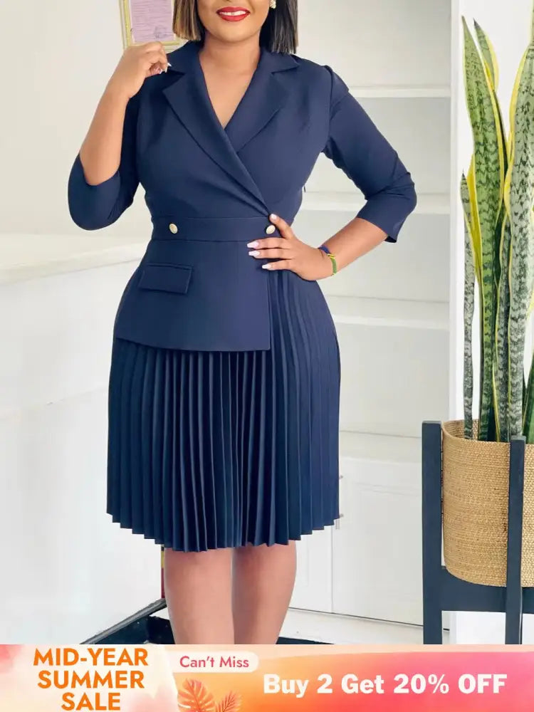Elegant Dress For Women Notched Collar Three Quarter Sleeve Pleated