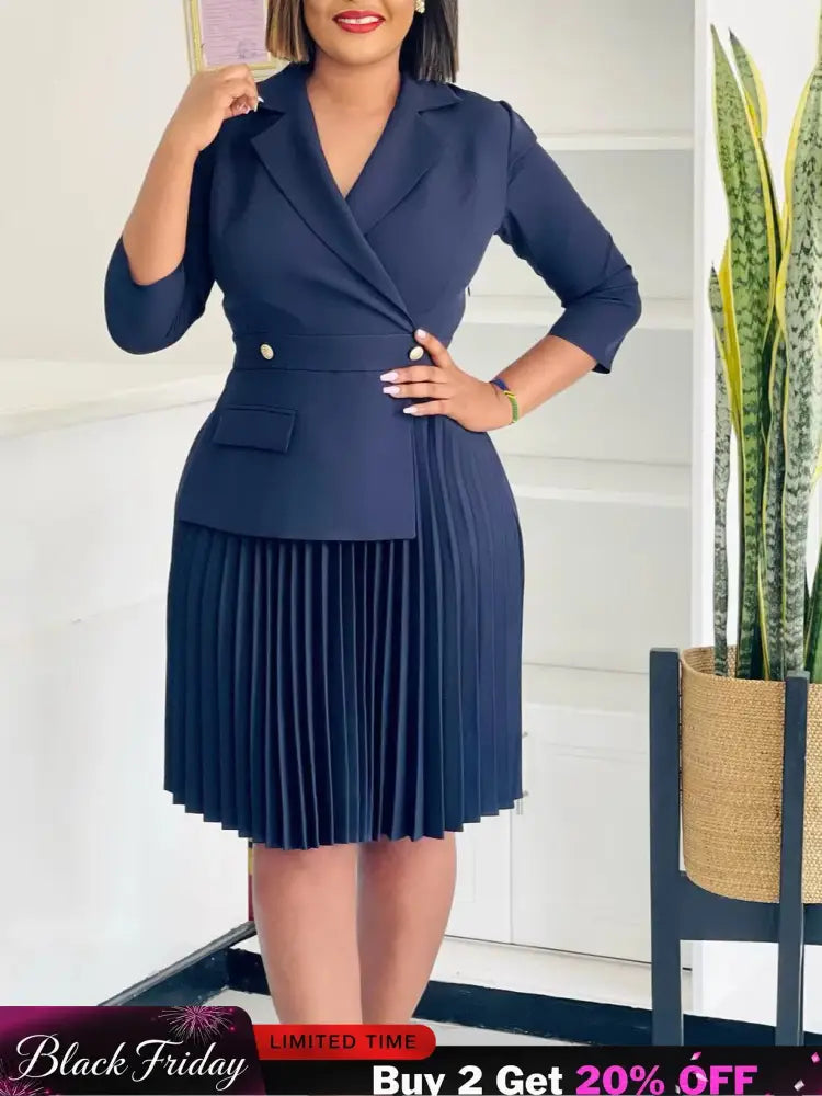 Elegant Dress For Women Notched Collar Three Quarter Sleeve Pleated