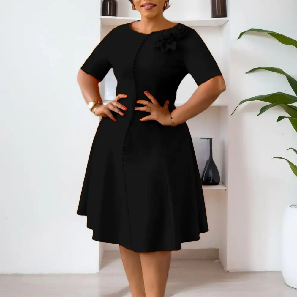 Elegant Dresses For Women A Line O Neck Short Sleeves 3D Flower Black / S