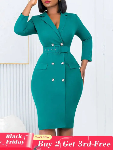 Elegant Dresses for Women Notched Collar Long Sleeve Double Breasted with Belt