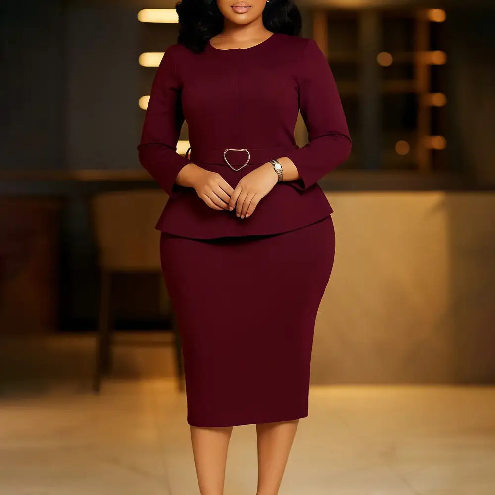 Elegant Midi Church Dress for Women O Neck Long Sleeve Waist Belt Peplum Belly Cover Burgundy / S
