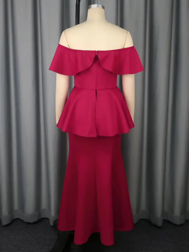 Elegant Off Shoulder Maxi Dress with Ruffled Peplum Short Sleeves