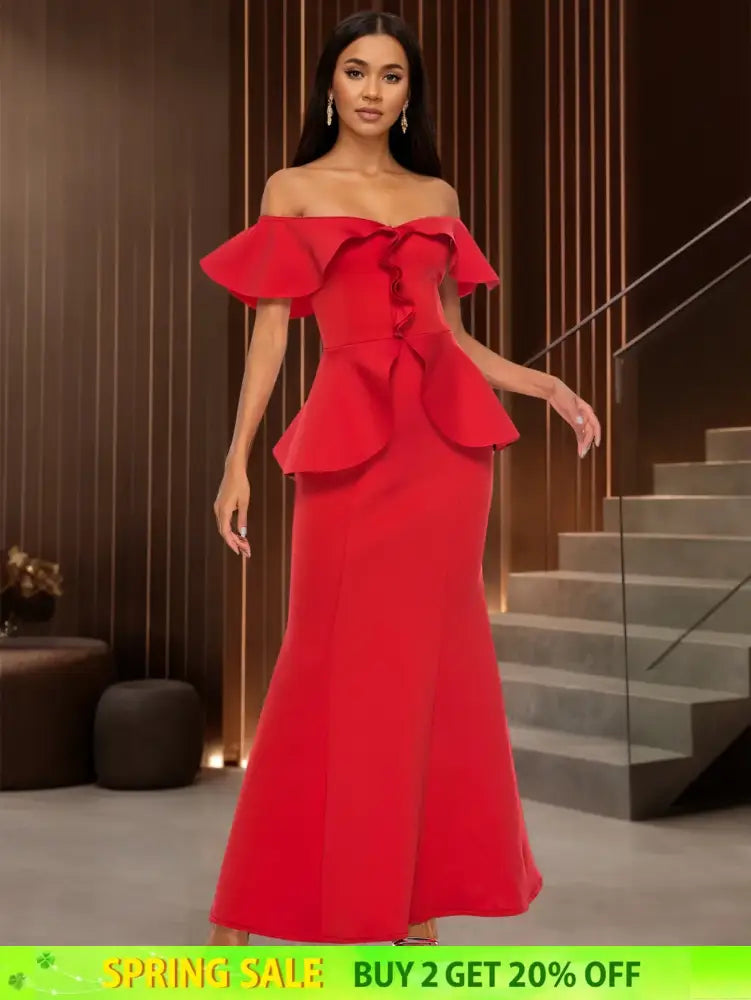 Elegant Off Shoulder Maxi Dress with Ruffled Peplum Short Sleeves DarkRed / S