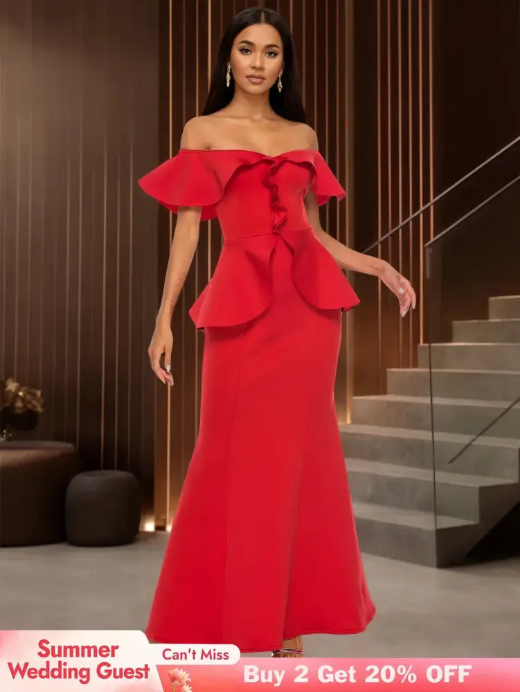Elegant Off Shoulder Maxi Dress with Ruffled Peplum Short Sleeves DarkRed / S