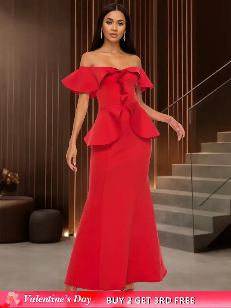 Elegant Off Shoulder Maxi Dress with Ruffled Peplum Short Sleeves DarkRed / S