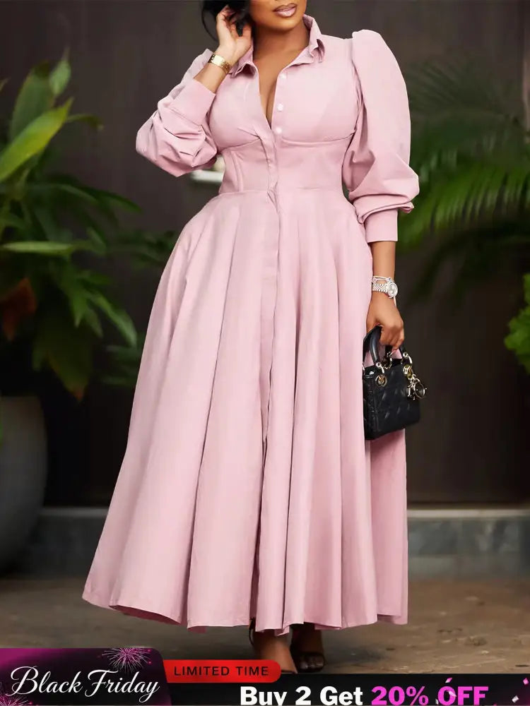 Elegant Shirt Dresses Women Turn Down Collar Long Puff Sleeve