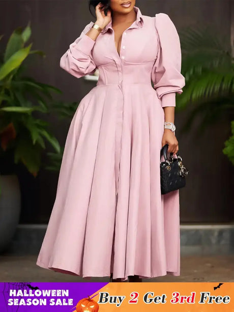 Elegant Shirt Dresses Women Turn Down Collar Long Puff Sleeve