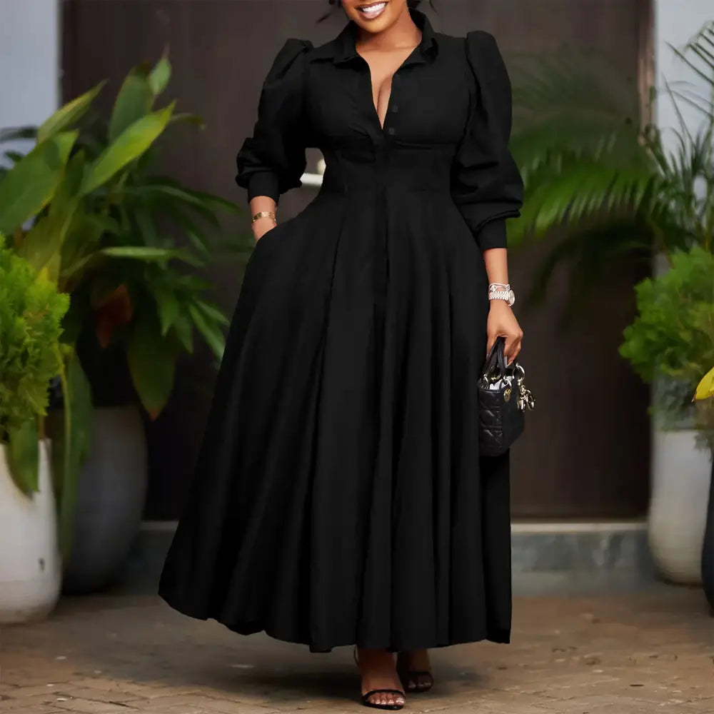 Elegant Shirt Dresses Women Turn Down Collar Long Puff Sleeve