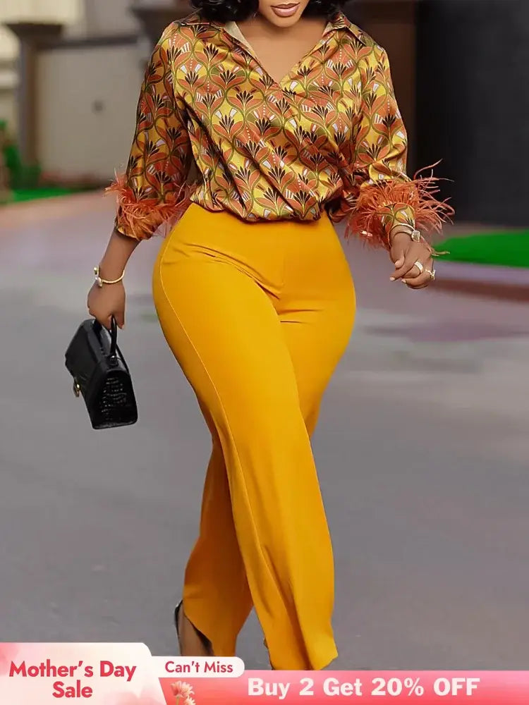 Elegant Two Pieces Set Printed Blouse Tops Long Sleeves with Feather High Waist Pants