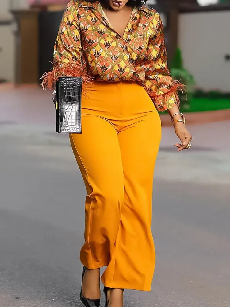 Elegant Two Pieces Set Printed Blouse Tops Long Sleeves with Feather High Waist Pants