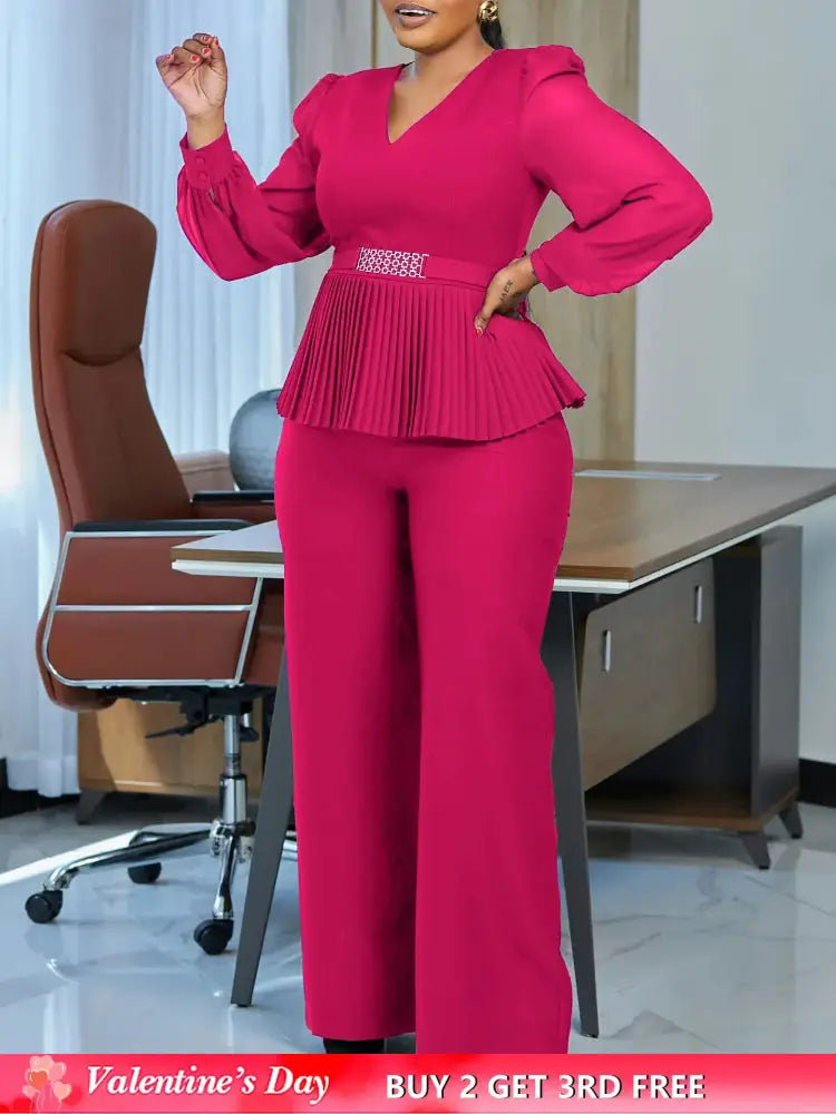 Elegant Two Pieces Set Women V Neck Waist Belt Peplum Belly Cover Full Wide Leg Pants