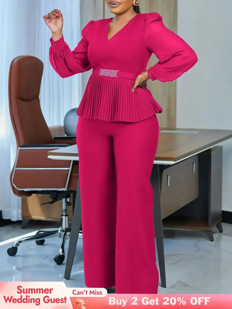 Elegant Two Pieces Set Women V Neck Waist Belt Peplum Belly Cover Full Wide Leg Pants