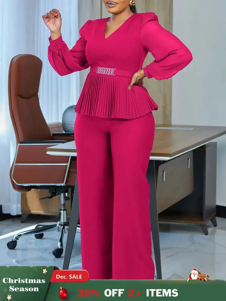 Elegant Two Pieces Set Women V Neck Waist Belt Peplum Belly Cover Full Wide Leg Pants