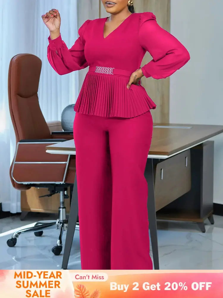 Elegant Two Pieces Set Women V Neck Waist Belt Peplum Belly Cover Full Wide Leg Pants
