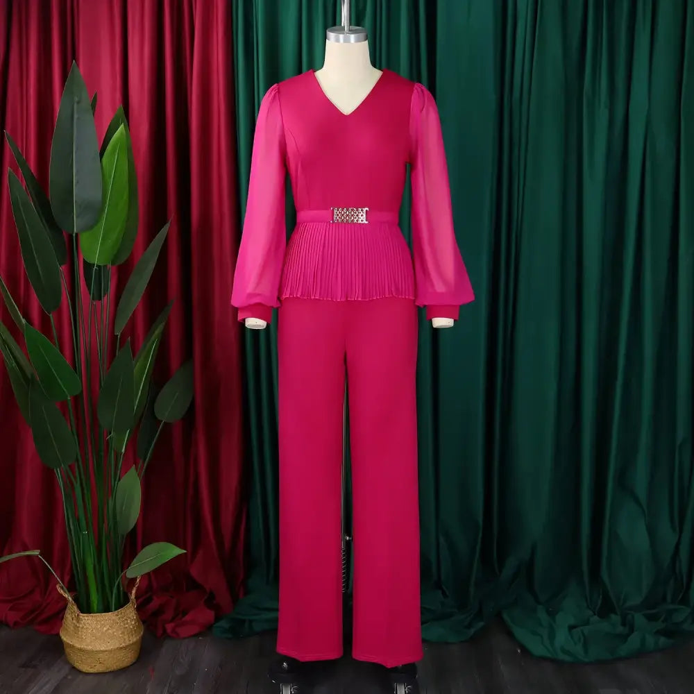 Elegant Two Pieces Set Women V Neck Waist Belt Peplum Belly Cover Full Wide Leg Pants