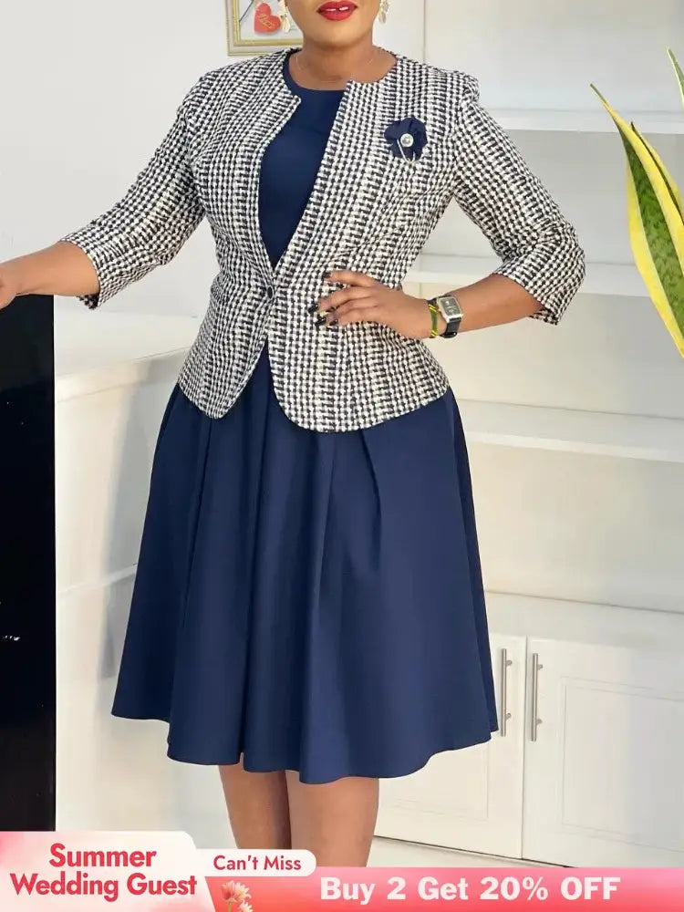 Elegant Women 2 Pieces Set O Neck 3/4 Plaid Coat Tank Pleated A Line Dresses