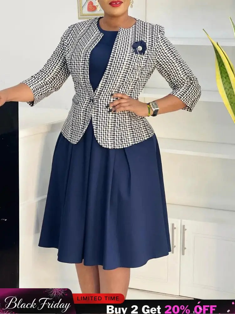 Elegant Women 2 Pieces Set O Neck 3/4 Plaid Coat Tank Pleated A Line Dresses