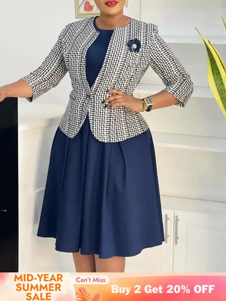 Elegant Women 2 Pieces Set O Neck 3/4 Plaid Coat Tank Pleated A Line Dresses