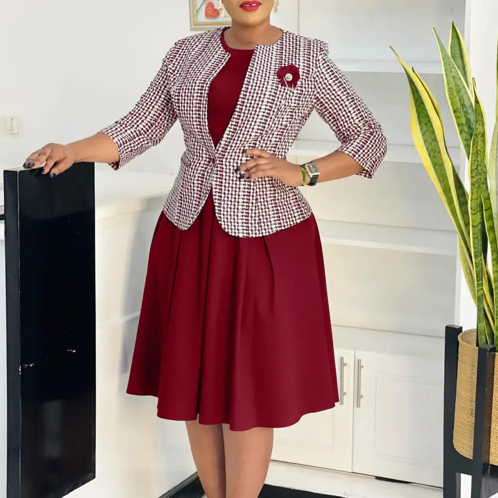 Elegant Women 2 Pieces Set O Neck 3/4 Plaid Coat Tank Pleated A Line Dresses Wine / S