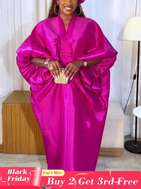 Elegant Women Long Boubou Dresses Pleated Evening V Neck Lantern Sleeve African