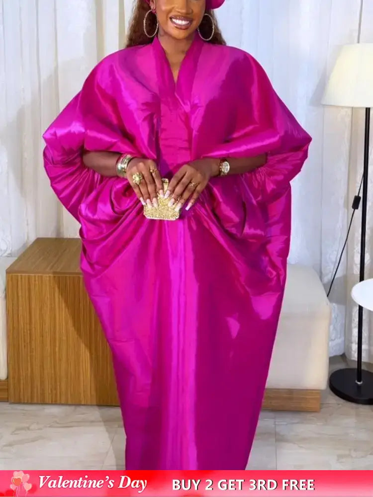 Elegant Women Long Boubou Dresses Pleated Evening V Neck Lantern Sleeve African
