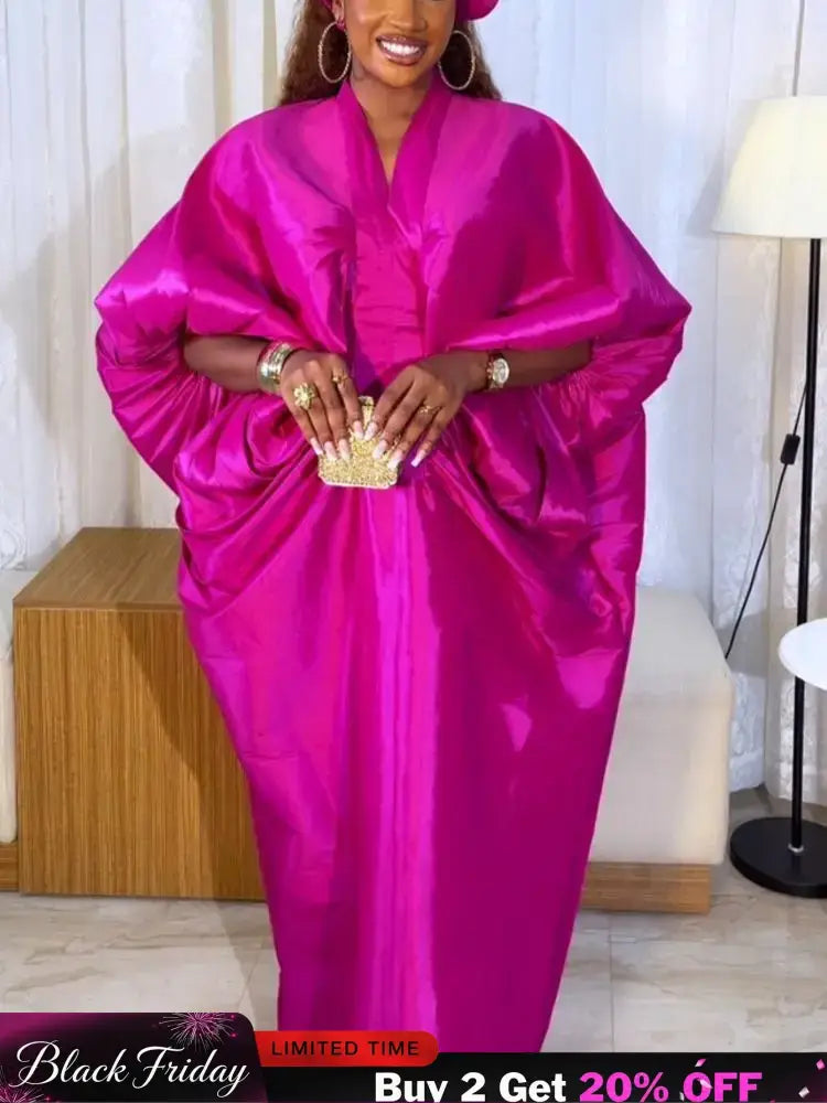 Elegant Women Long Boubou Dresses Pleated Evening V Neck Lantern Sleeve African