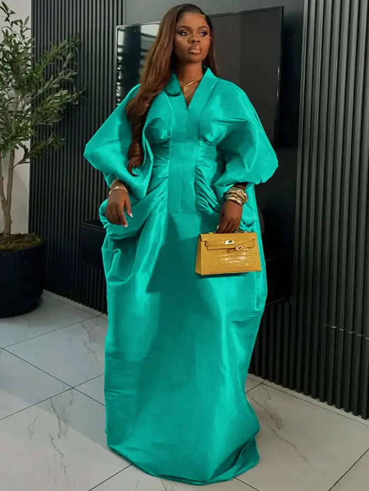 Elegant Women Long Boubou Dresses Pleated Evening V Neck Lantern Sleeve African MintGreen / One Size