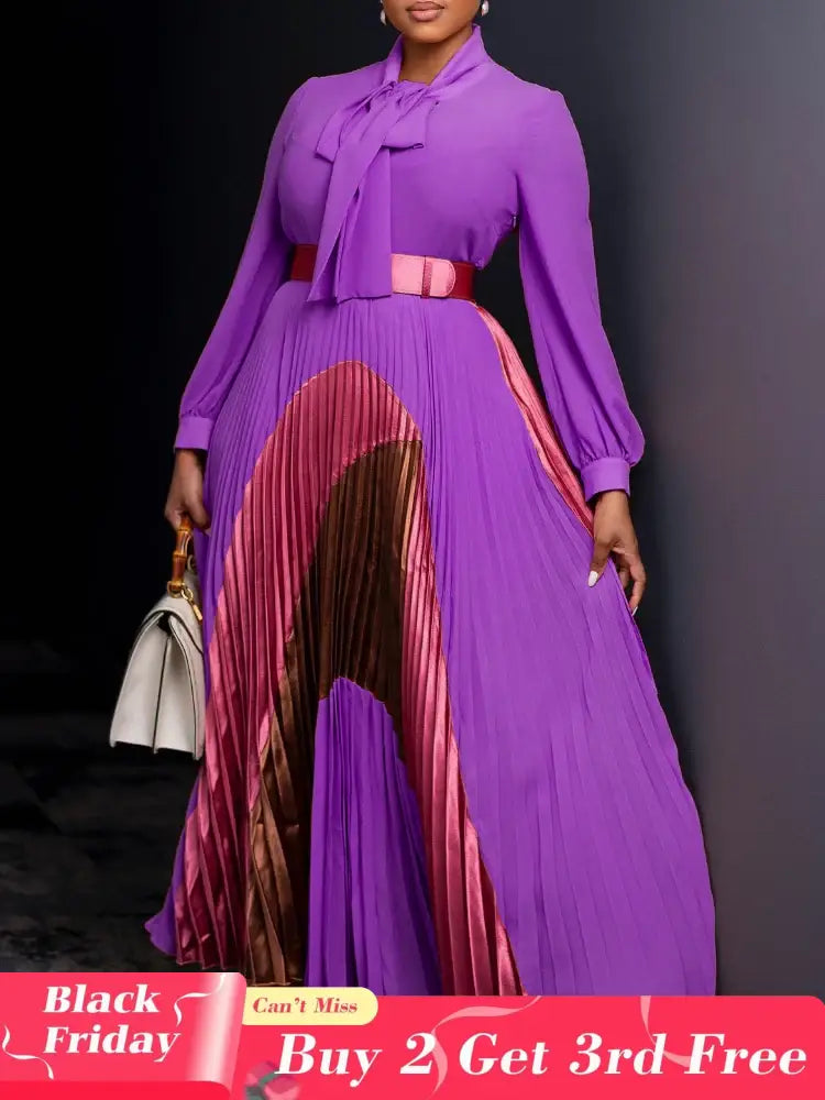 Elegant Women Pleated Maxi Dress Autumn New Lace Up Pleated Long Sleeves