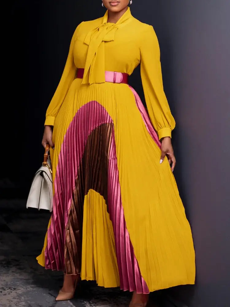 Elegant Women Pleated Maxi Dress Autumn New Lace Up Pleated Long Sleeves