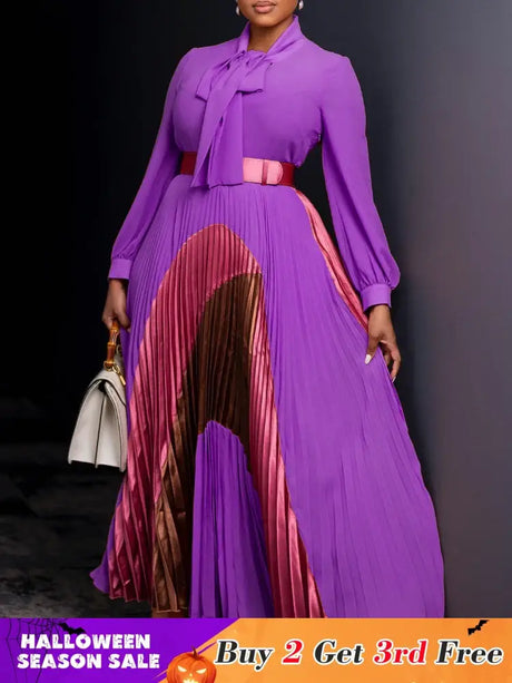 Elegant Women Pleated Maxi Dress Autumn New Lace Up Pleated Long Sleeves