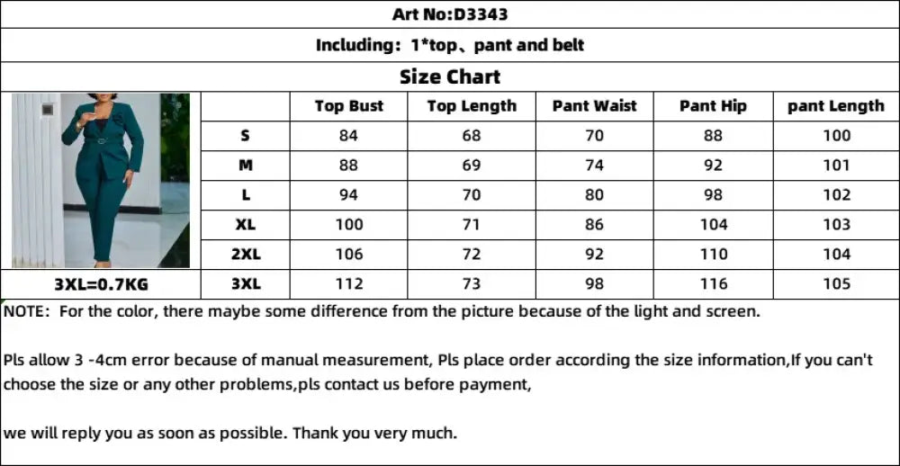 Elegant Women Two Piece Set Blazer Coat 3D Flower Button Waist Belt Full Length Pants