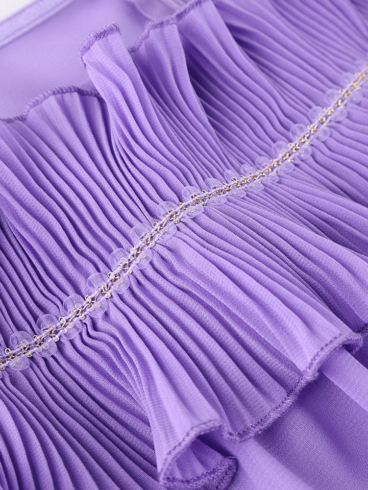 AOMEIDRESS A Line Pleated Chiffon Dress Off The Shoulder Puff Sleeves
